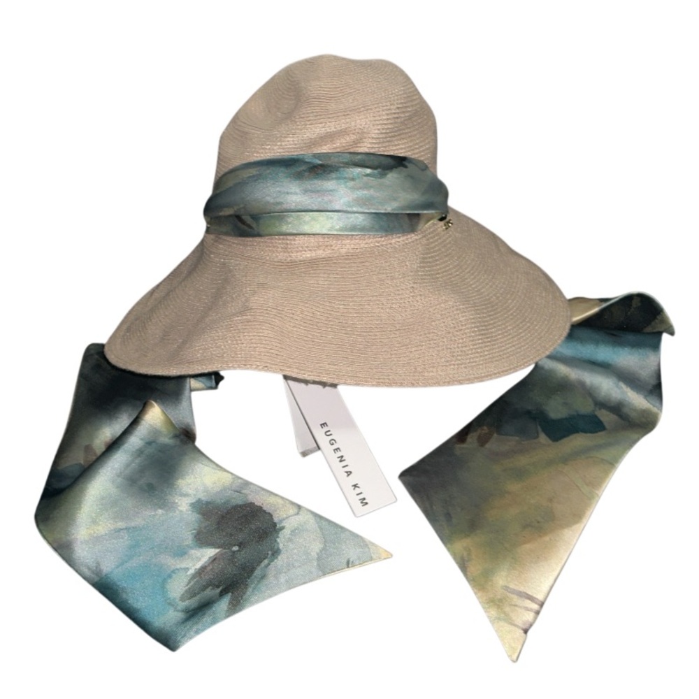 Eugenia Kim Beige Hat with Artistic Blue Scarf